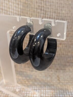 Vintage Black Chunky Hoop Clip-On Earrings Mod Retro Plastic